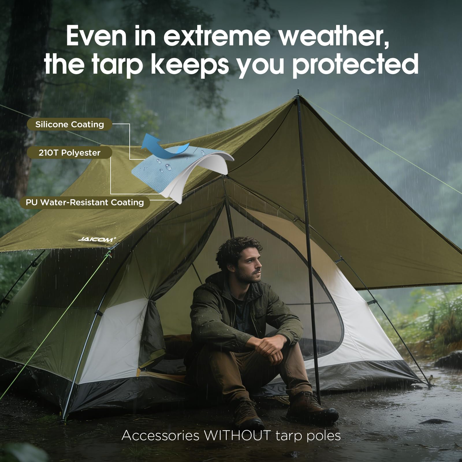 JAICOM Toldo Camping Impermeable, 3.6x2.9m Tarp - Ultraligero y Resistente al desgarro Toldo de Refugio, con Clavos de Aluminio, Cuerdas de Nylon, Clip para Lona, para Al Aire Libre, Picnic