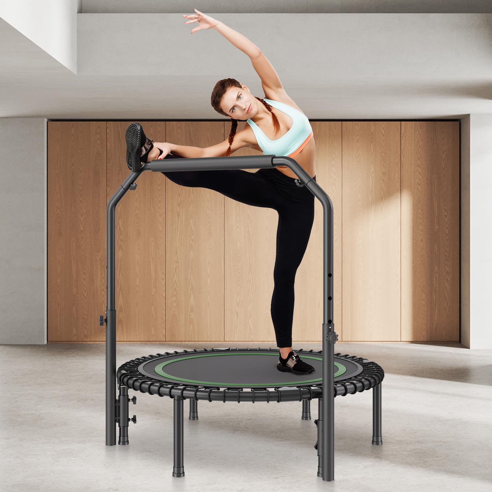 VEVOR Mini Trampoline Pliable, 1027 mm, Fitness rebounder, Charge Max. 150 kg, Stable et Silencieux avec poignée en Mousse réglable en Hauteur à 4 Niveaux, pour entraînement intérieur/Jardin Adultes