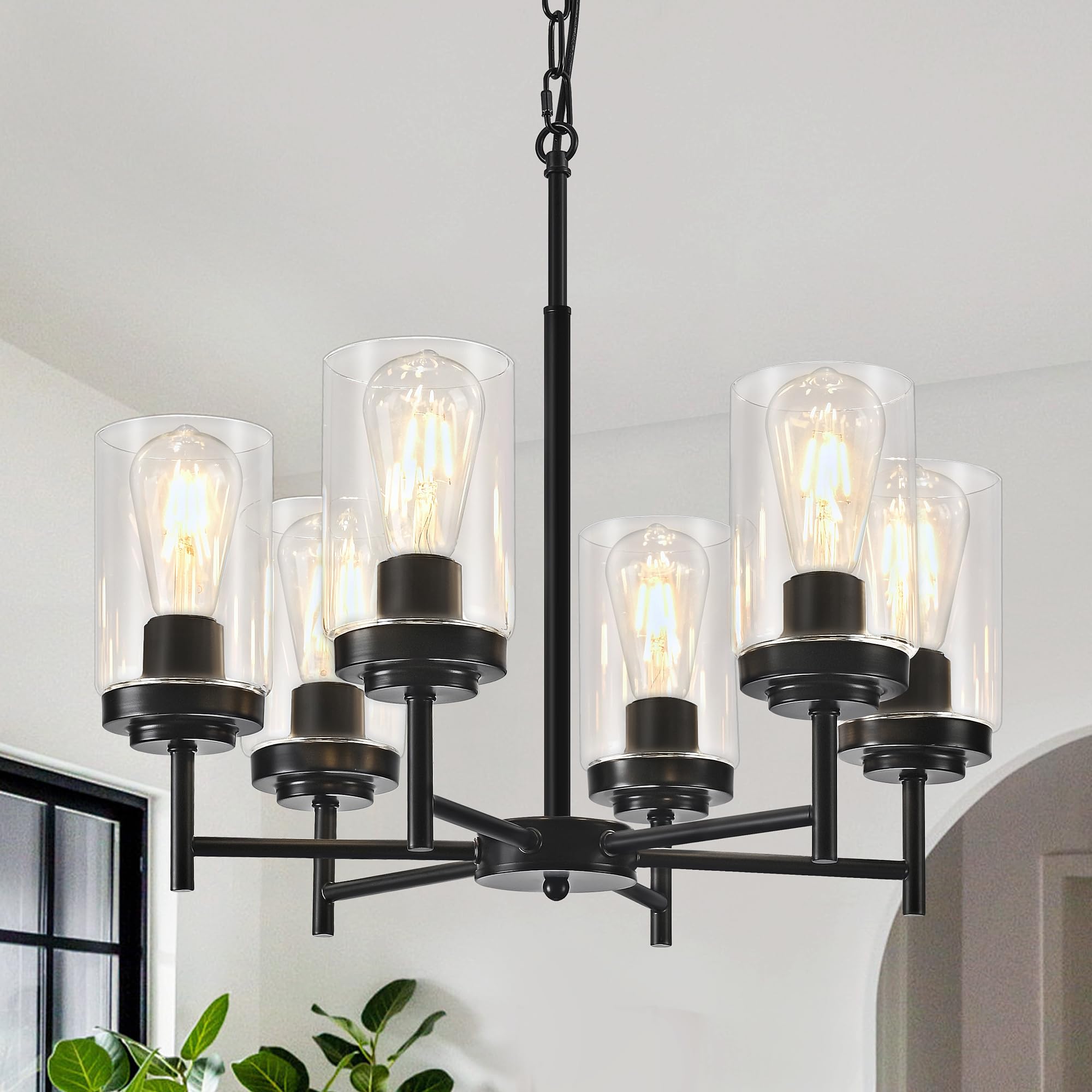 6-light farmhouse modern chandelier, black chandelier for entryway light fixture, industrial chandeliers for kitchen island, dining room, foyer