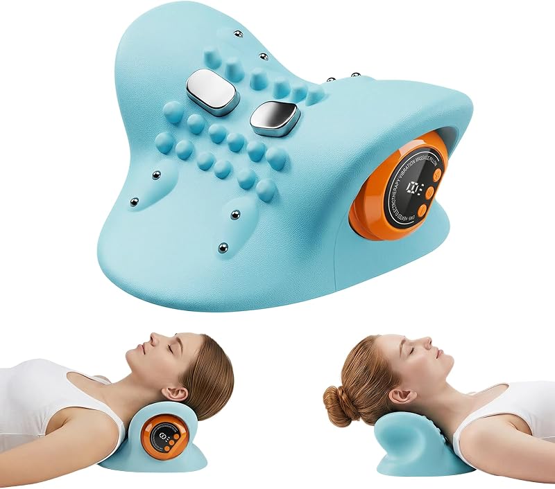 Almofada de Massagem para Pescoço com Calor, 3 Modos e 3 Níveis de Temperatura, Design Ergonômico, Vibratória, para Alívio de Dor e Rigidez, Azul
