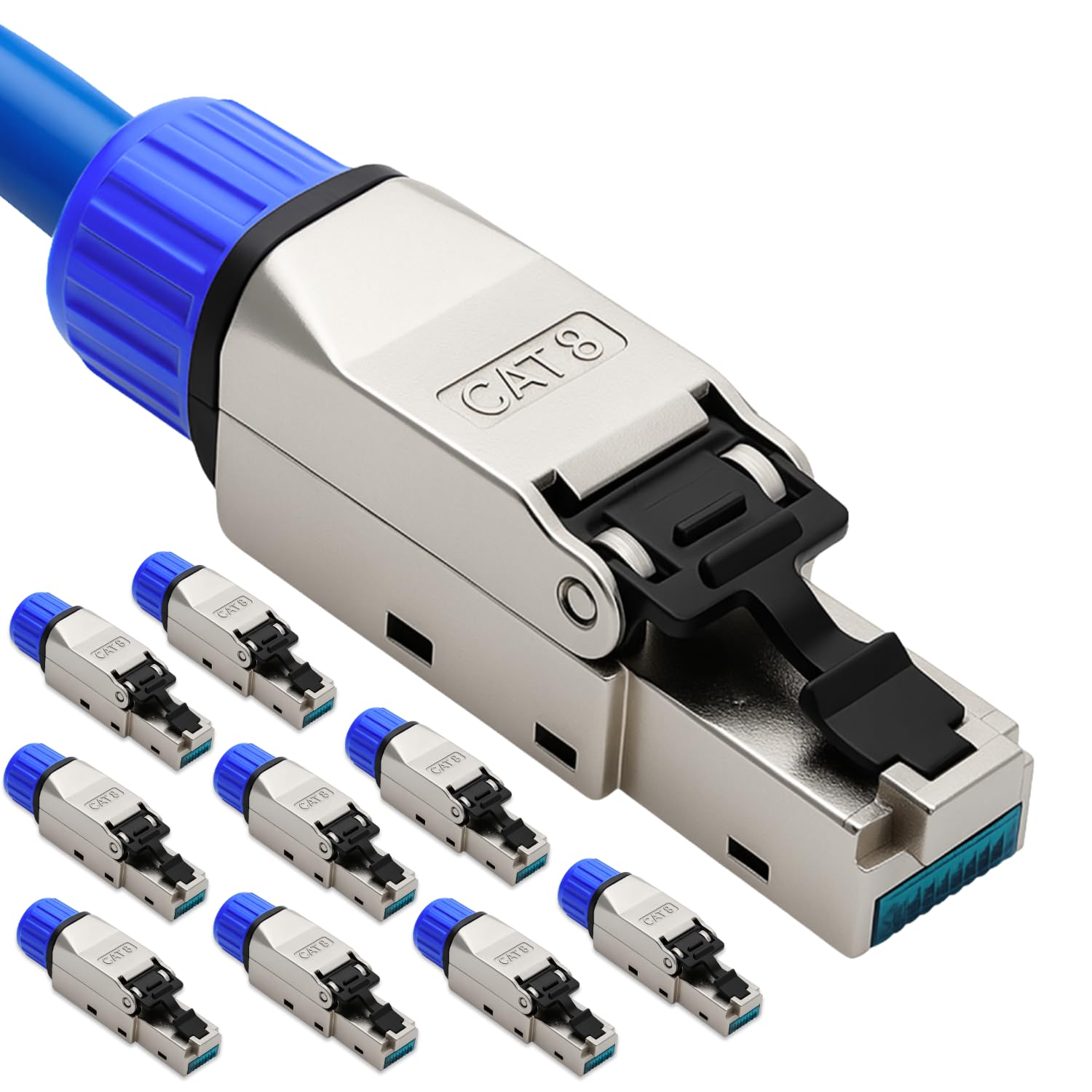Lot de 10 fiches RJ45 CAT 8 – Fiche réseau sans outil pour Ethernet, câble de pose et câble réseau | Compatible Gigabit, STP blindé, 40 Gbit/s, contacts plaqués or