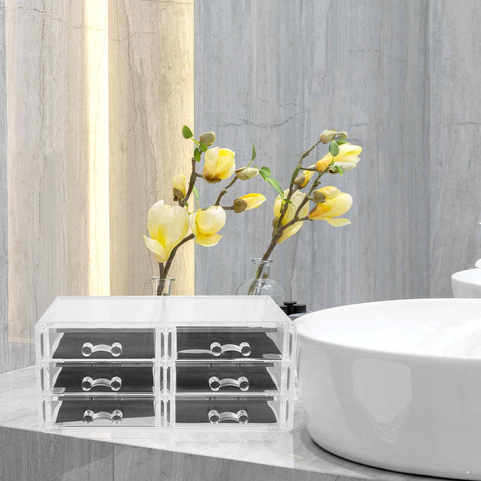 Organizer Cosmetici Acrilico 3 Cassetti Trasparenti, Grande Capacità per Trucco e Accessori, Design Elegante e Funzionale per Bagno e Camera