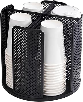Rotatable Coffee Cup Lid Organizer with 4 Compartments Paper Cup Dispenser Holder Rack Durable Paper Cup Storage for Countertop Home Office Coffee Shop Black