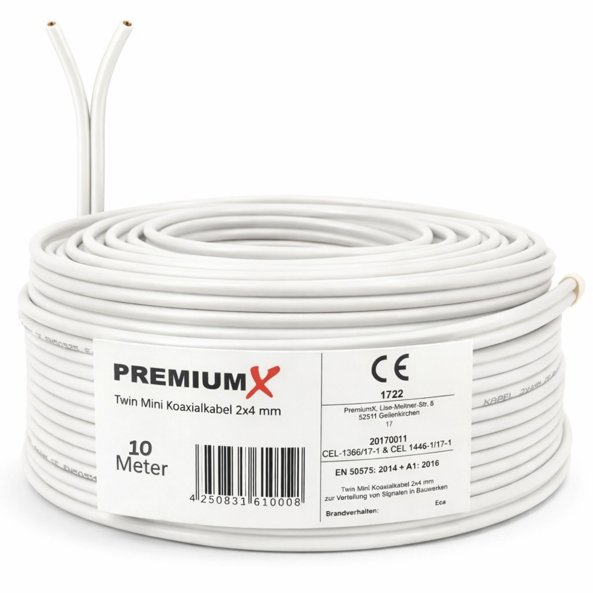PremiumX Kabel koncentryczny satelitarny 90 dB Twin Mini 2 x 4 mm, bardzo cienki, biały, 2-krotny ekranowany, do telewizji satelitarnej, DVB-T - Ultra HD 4K 3D