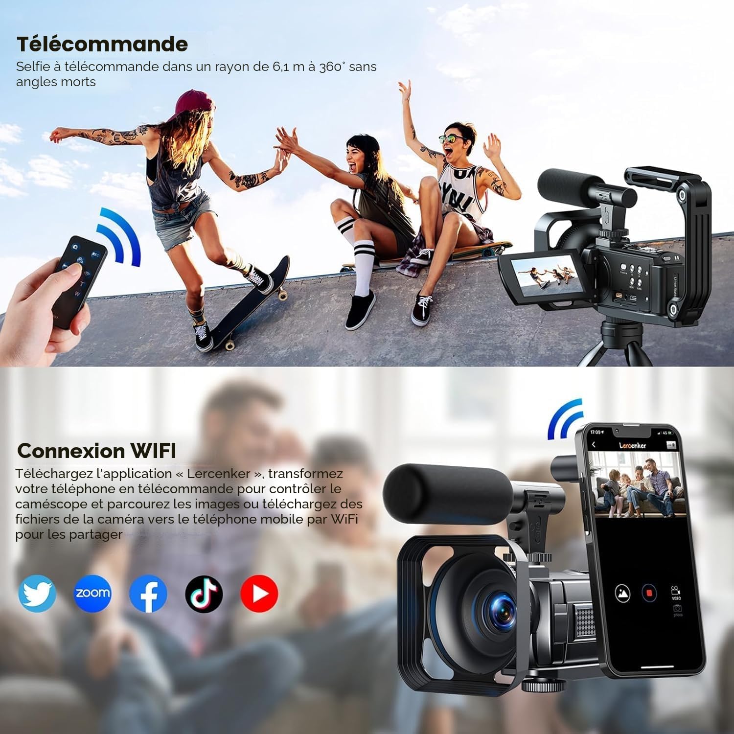 Caméra vidéo 5K 56MP WiFi Zoom 16X Écran tactile 3" IR Vision nocturne avec 2 piles, carte 64 Go, télécommande, microphone