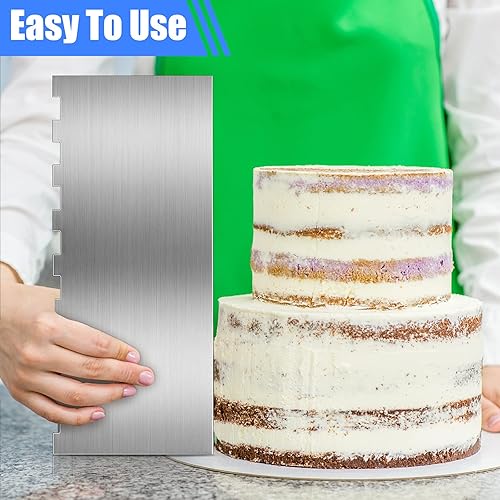 Miniatura 7 de Geiserailie 4 piezas de rascador de pasteles de acero inoxidable más suave grande de doble cara con borde estampado de rayas de 9 pulgadas, peine de