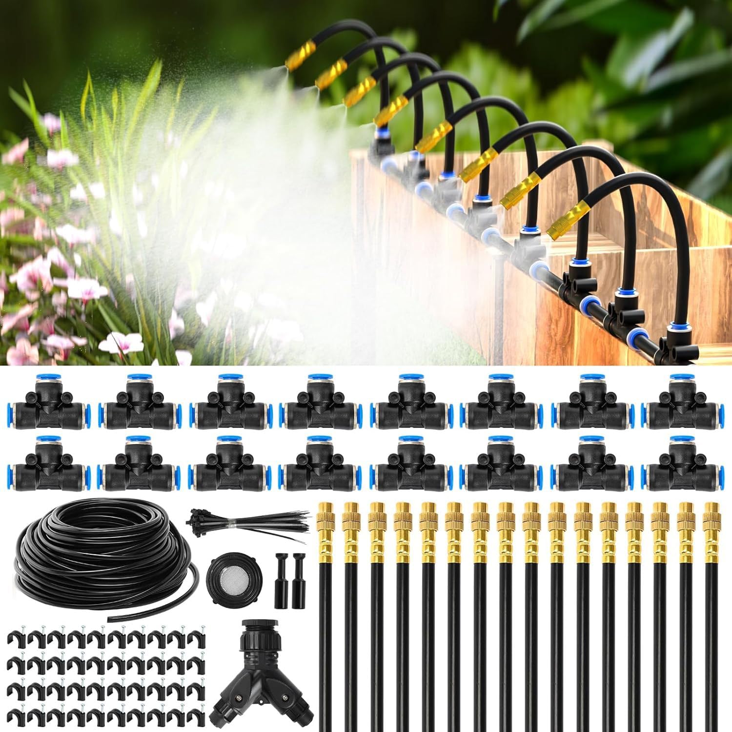 Sistema de riego Automático 30m, 16 Boquillas Orientables, Kit de Nebulización 6mm de Latón, Ahorro de Agua para Jardín, Invernadero y Terraza, Instalación Sin Herramientas