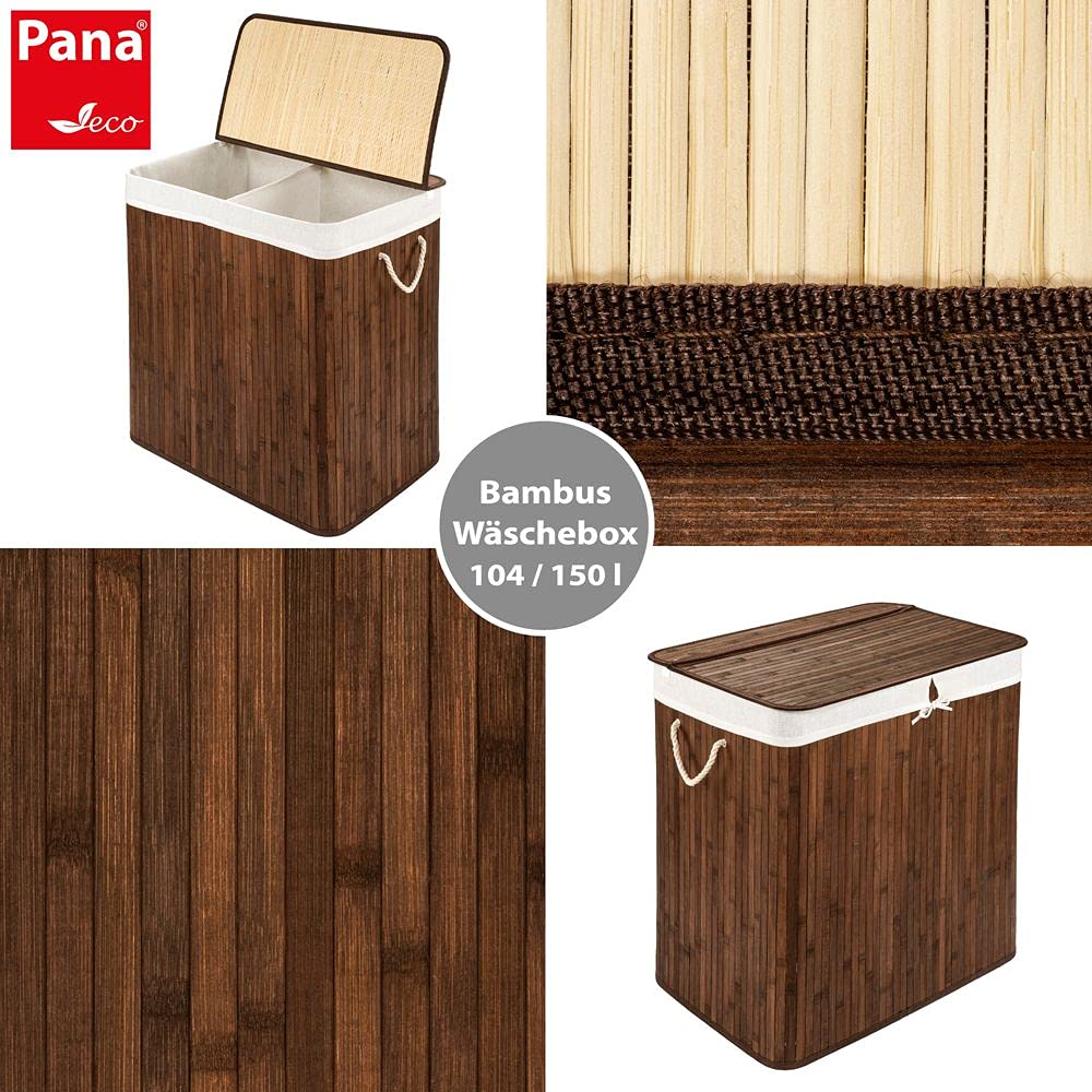 PANA®ECO Bambus Wäschekorb mit Deckel - 104 L, 52x32x63 cm - Farbe: Braun | Herausnehmbarer Wäschesack - Faltbarer Wäschesammler - Kompakt, praktisch, pflegeleicht & robust - 100% Bambus - Viel Platz