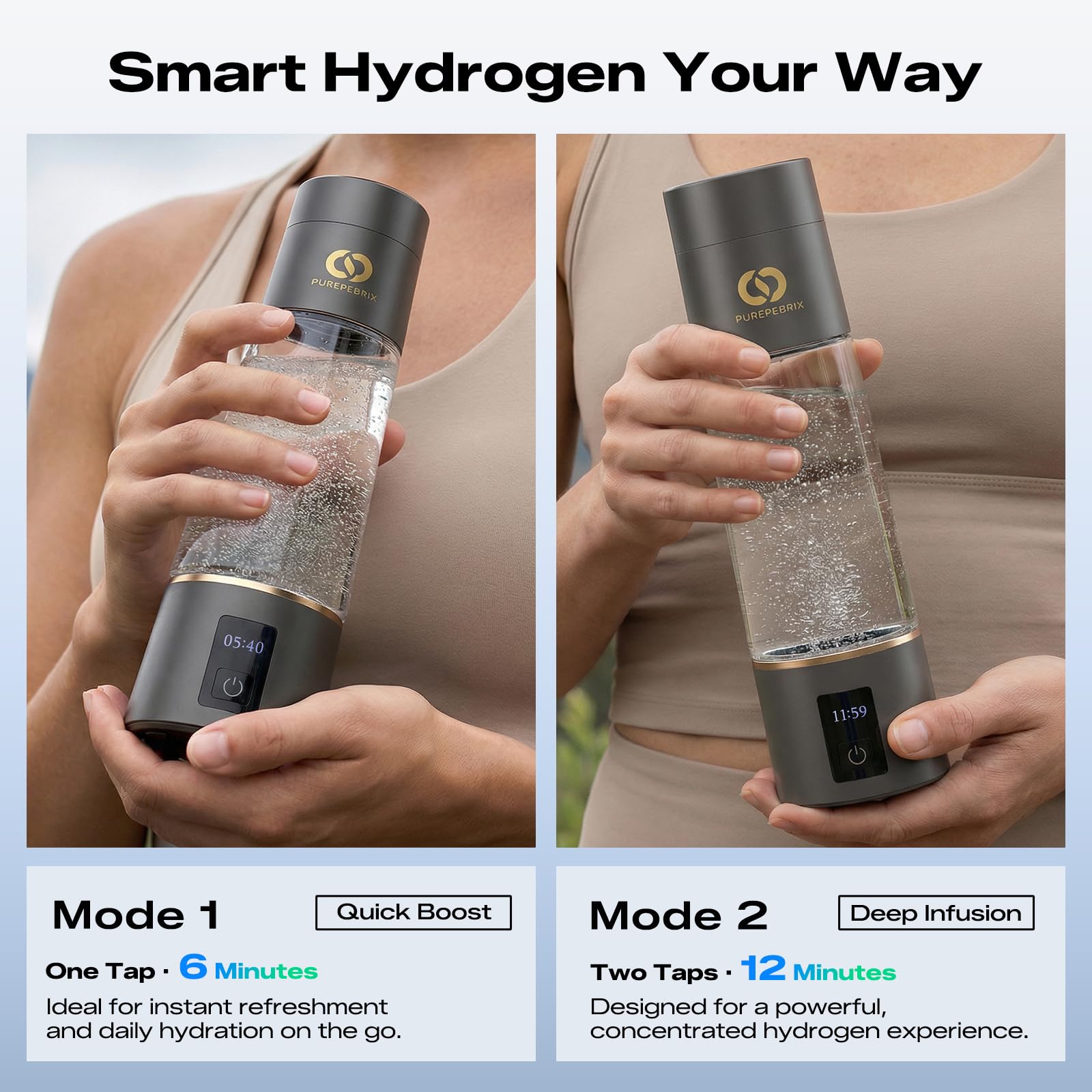 PUREPEBRIX Generador de botellas de agua de hidrógeno (plateado) - Hasta 6360 PPB - Generador H2 certificado - Tecnología SPE/PEM - - Sistema portátil de hidratación y rendimiento atlético