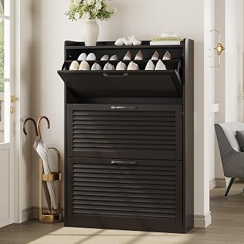 Maupvit Shoe Storage Cabinet with 3 Flip Louvered Doors, Freestanding Organizer with Metal Hinges, Shoe Cabinet for Entryway, Narrow Shoe Rack Cabinet, Espresso Color