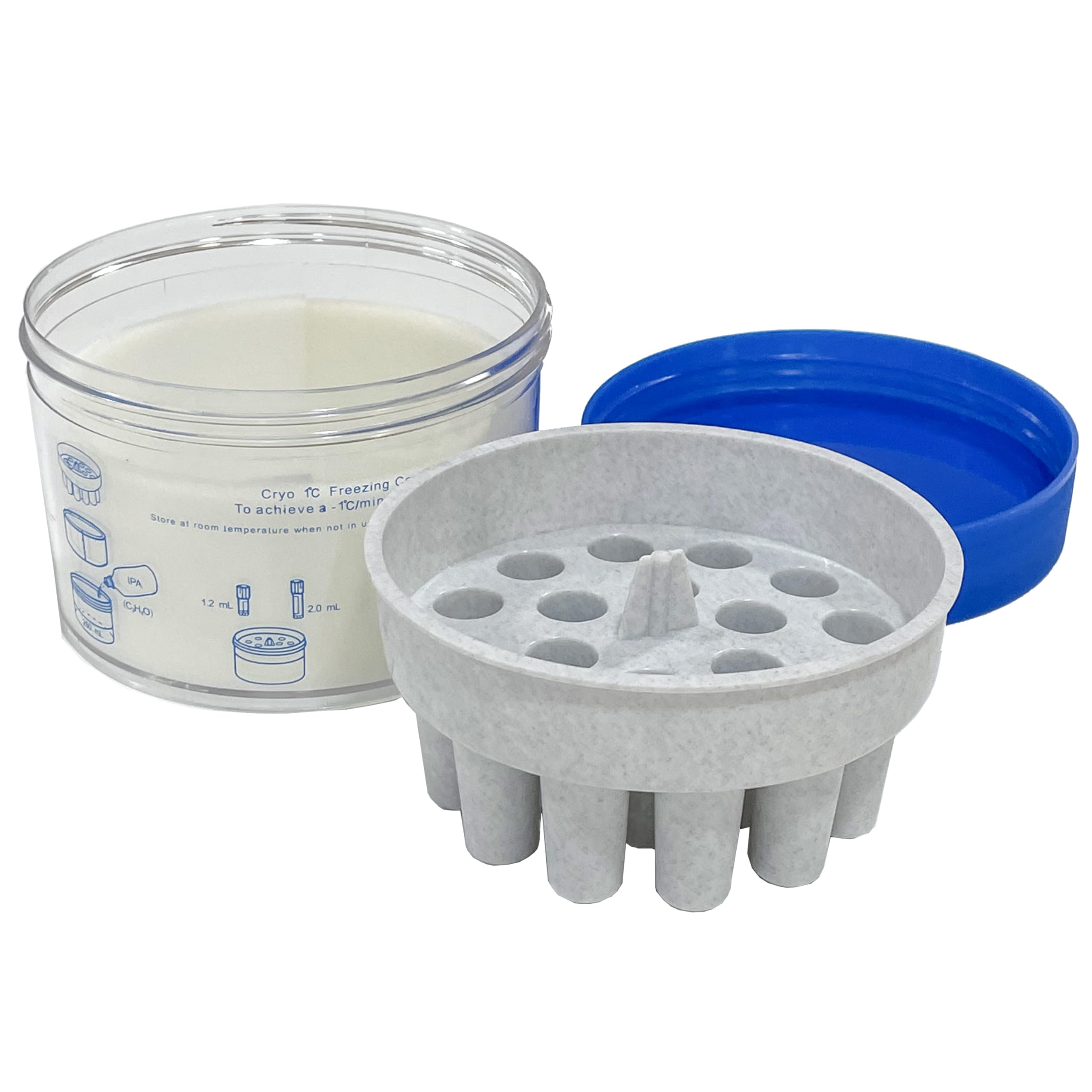 MUHWA Cryo 1 ℃ (-33,8 ℉) Gefrierbehälter, PC-Glas mit HDPE-Deckel und Röhrchenmulden, 18-Platz-Kryoröhrchengestell, passend für 1–2 ml-Kryoröhrchen, 1 Stück