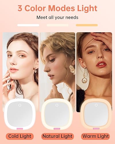 Miniatura 10 de Gospire Espejo de maquillaje de viaje recargable de 3.9 pulgadas con luces y aumento 10X, 3 colores de luz y brillo ajustable, cierre magnético y