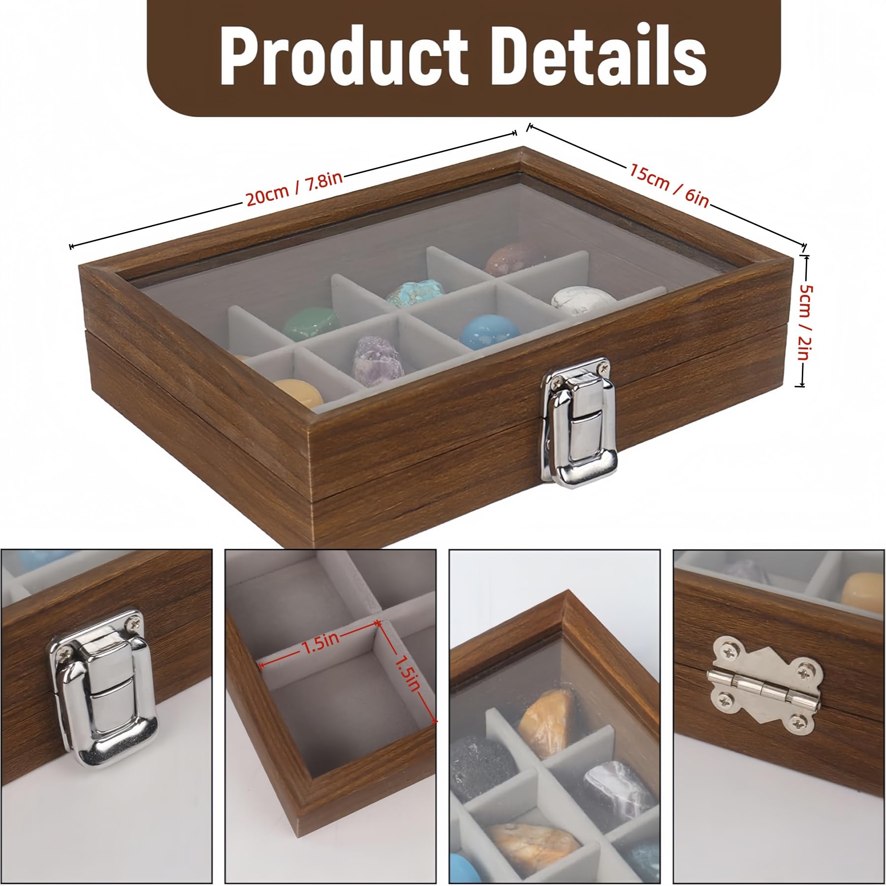 Rock-Vitrine mit 12 Fächern, Holz-Sammelbox mit transparentem Deckel, Displaybox für Sammlerstücke, Aufbewahrungsboxen für kleine Steine, Edelstein, 