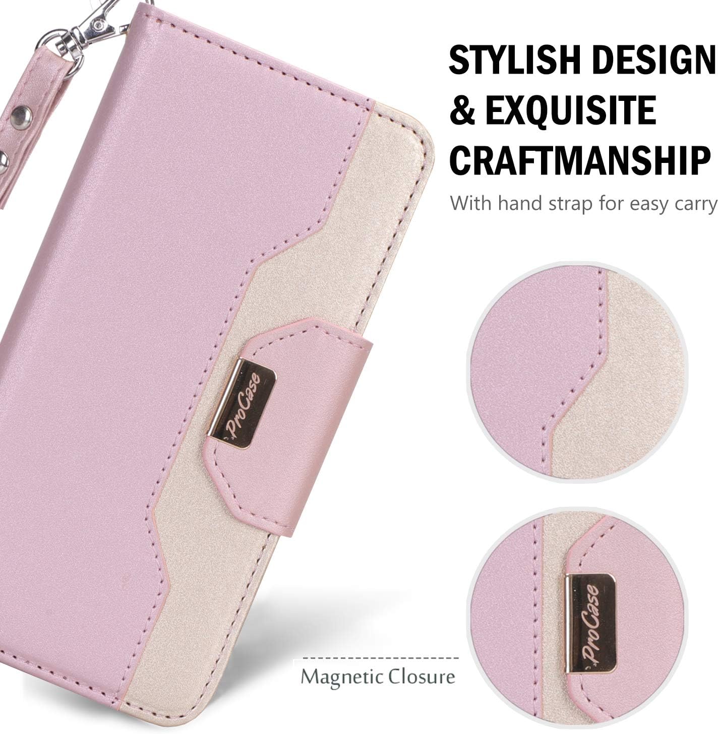 ProCase LG G8 ThinQ Wallet Case for Women, Premium PU Leather Folio Fold Card Case with Credit Card Holder Kickstand Wristlet Hand Strap, Flip Cover Case for LG G8 / LG G8 ThinQ 2019 -Pink