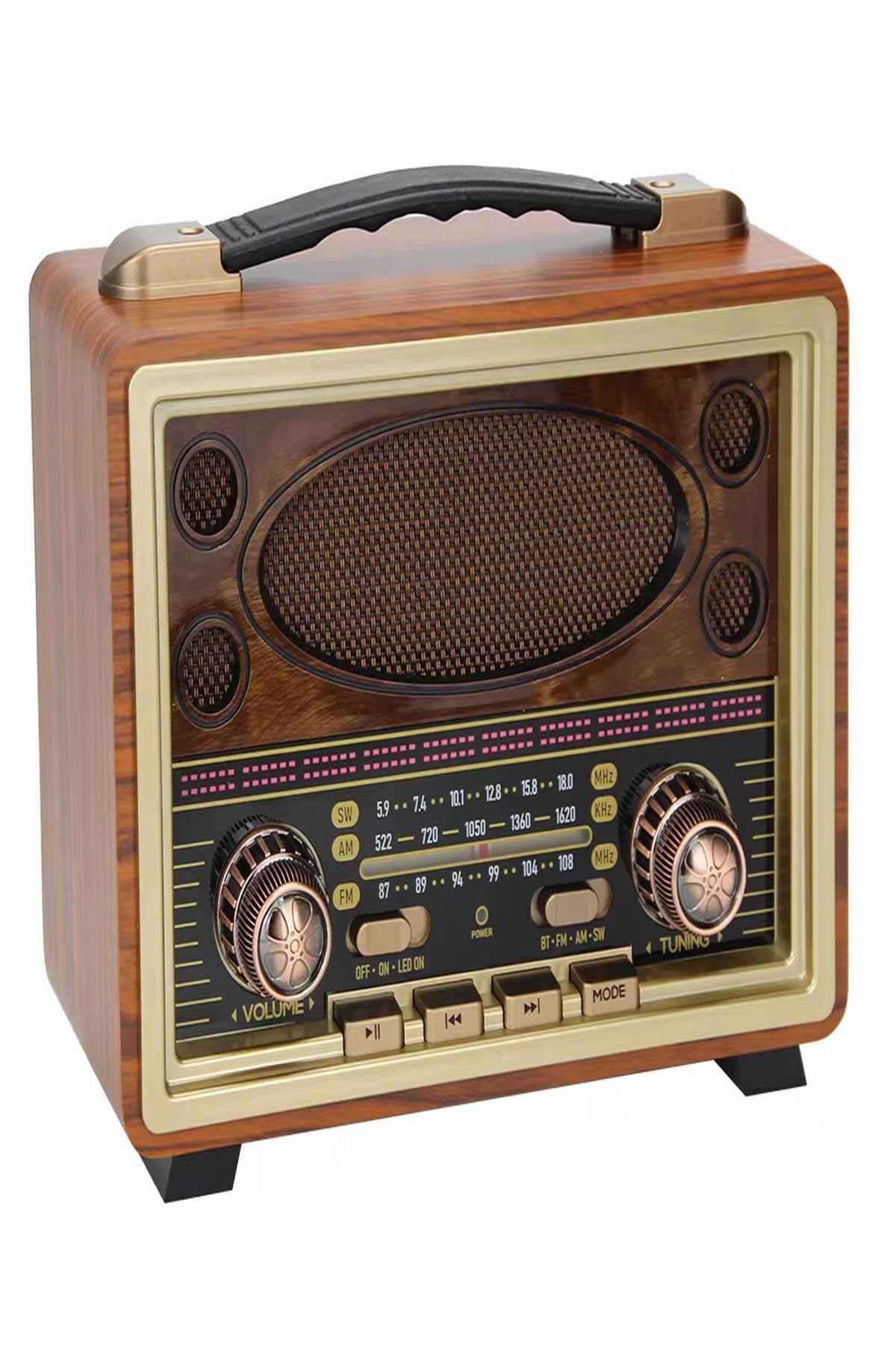 Ultratekno M-2027BT Gerçek Ahşap Eskitme Kaplama Radyo Fm Am Sw USB Tf Aux Destekli Bluetooth Hoparlör, Kahverengi