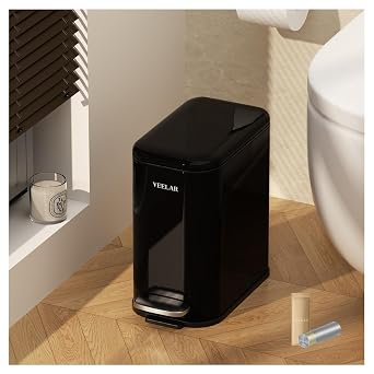 Slim Bathroom Trash Can with Lid, 1.6 Gallon / 6 Liter Stainless Steel Trash Bin, Step Pedal Garbage Cans for Bedroom, Kitchen, Office Black
