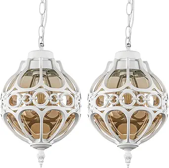 Globe Outdoor Pendant Lights, White Aluminum Waterproof Hanging Light Fixture for Porch Entryway Hallway, Vintage Round Exterior Chandelier, Outside Pendant Lamp with Amber Glass, 2 Pack