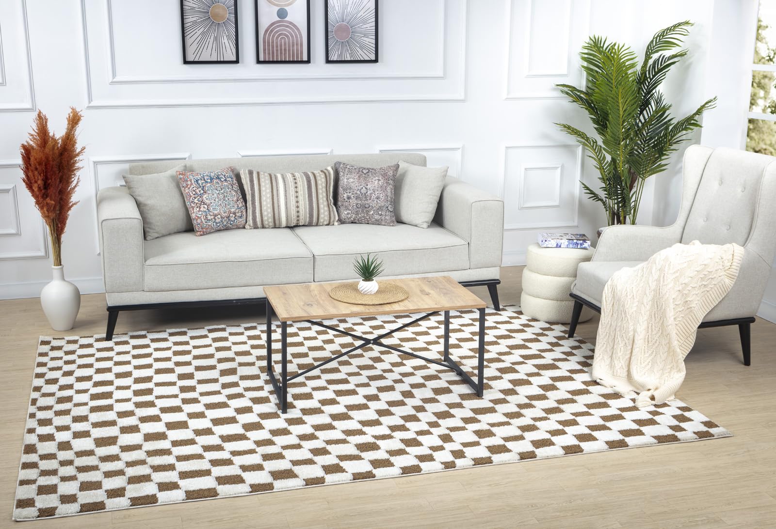 Livabliss Freud-Modern Ivory Brown High Pile Checkered Living Dining Bedroom Rug 160 X 213 Cm Easy CareNon Shedding from B&Q
