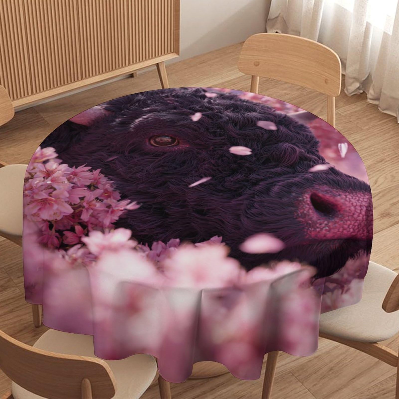 LUYYSKY Beautiful Realistic Black Cow Round Tablecloth Modern Rustic Plant Cherry Blossom Flowers Animals Cow Print Washable Decor for Table Cover for Kitchen-177.8" Wx177.8 L cm