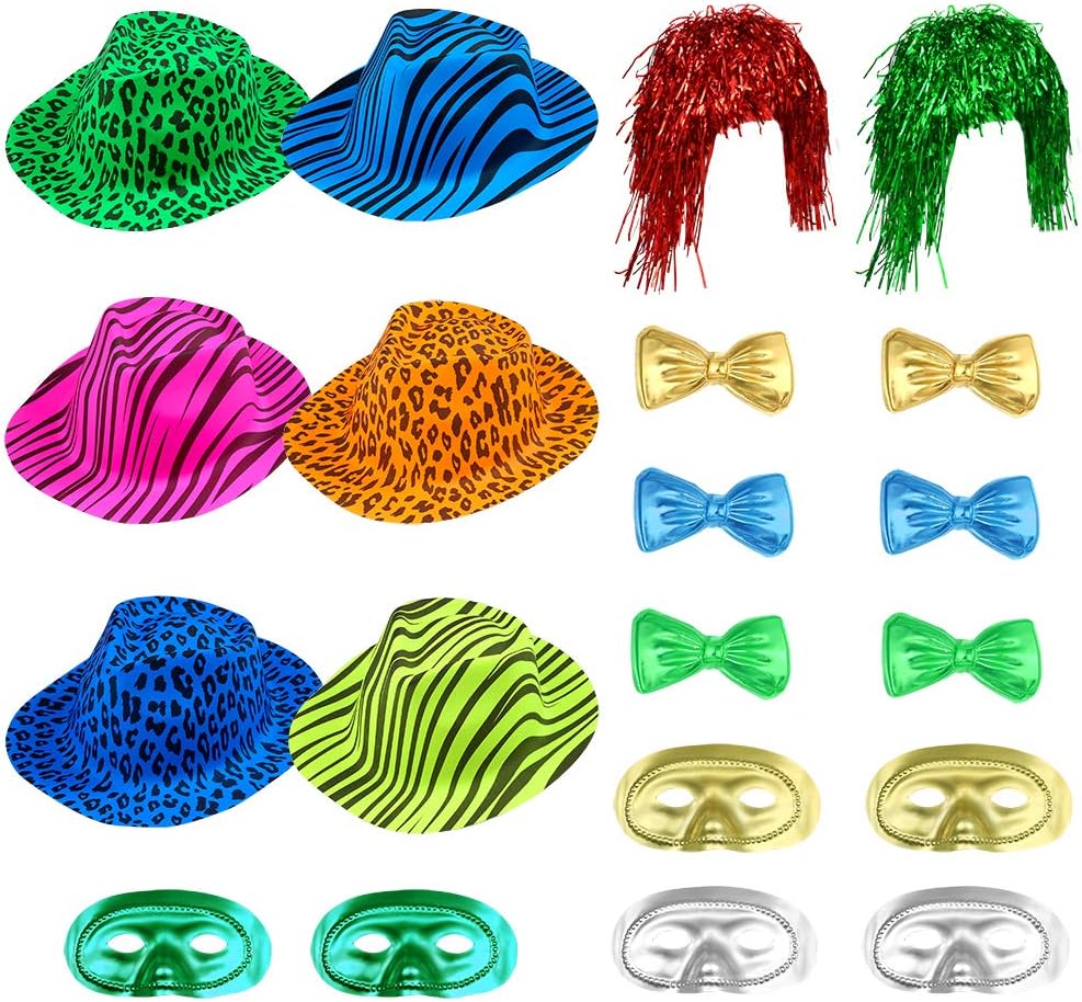Auihiay 20 Pieces Photo Booth Hats Neon Party Funny Hats Kit Include Plastic Animal Print Hats, Bow Ties, Metallic Half Mask and Foil Tinsel Wig for Kids Adults Photobooth Party Weddings
