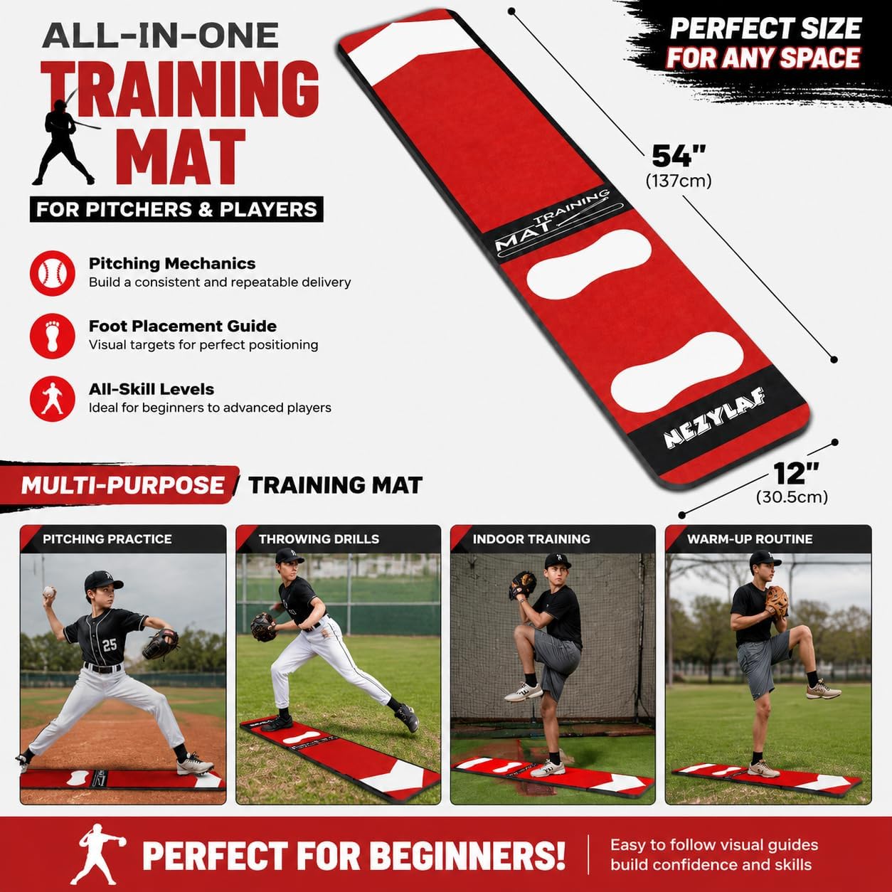 Softball Pitching Mat for Beginners, 54 x 12 Inch Baseball Pitching Mat with Foot Placement Guide, 10 mm PU Foam Backing, Non-Slip Silicone Strips, Portable Pitching Practice Mat, Indoor/Outdoor