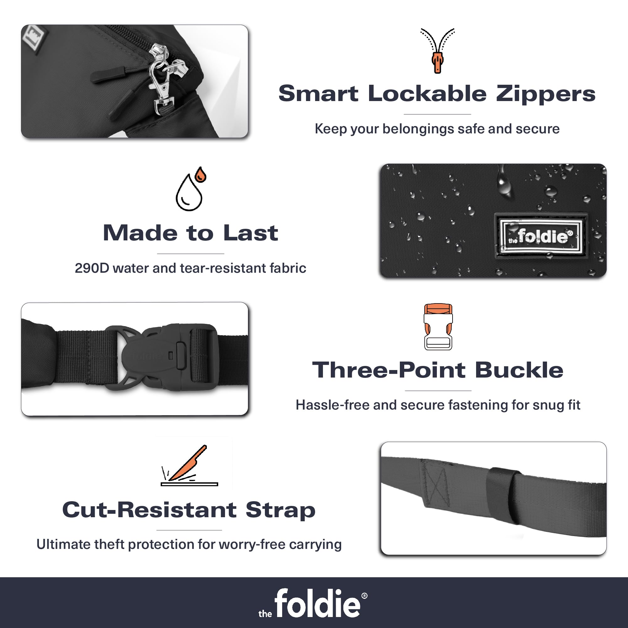 The Foldie Foldable Crossbody Bags for Women & Men - Anti-Theft RFID-Safe Fanny Pack with Smart Lockable Zippers and Cut-Resistant Strap - Lightweight Waist Pack for Travel & Everyday Use - Black