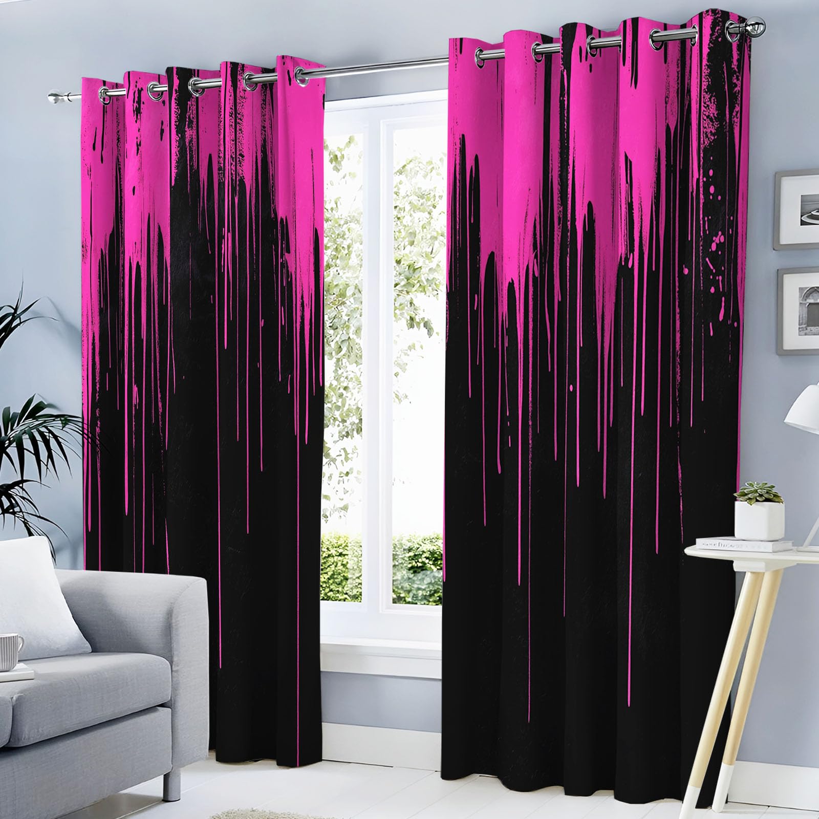 Rideau occultant noir rose 140x175 cm motif abstrait peinture