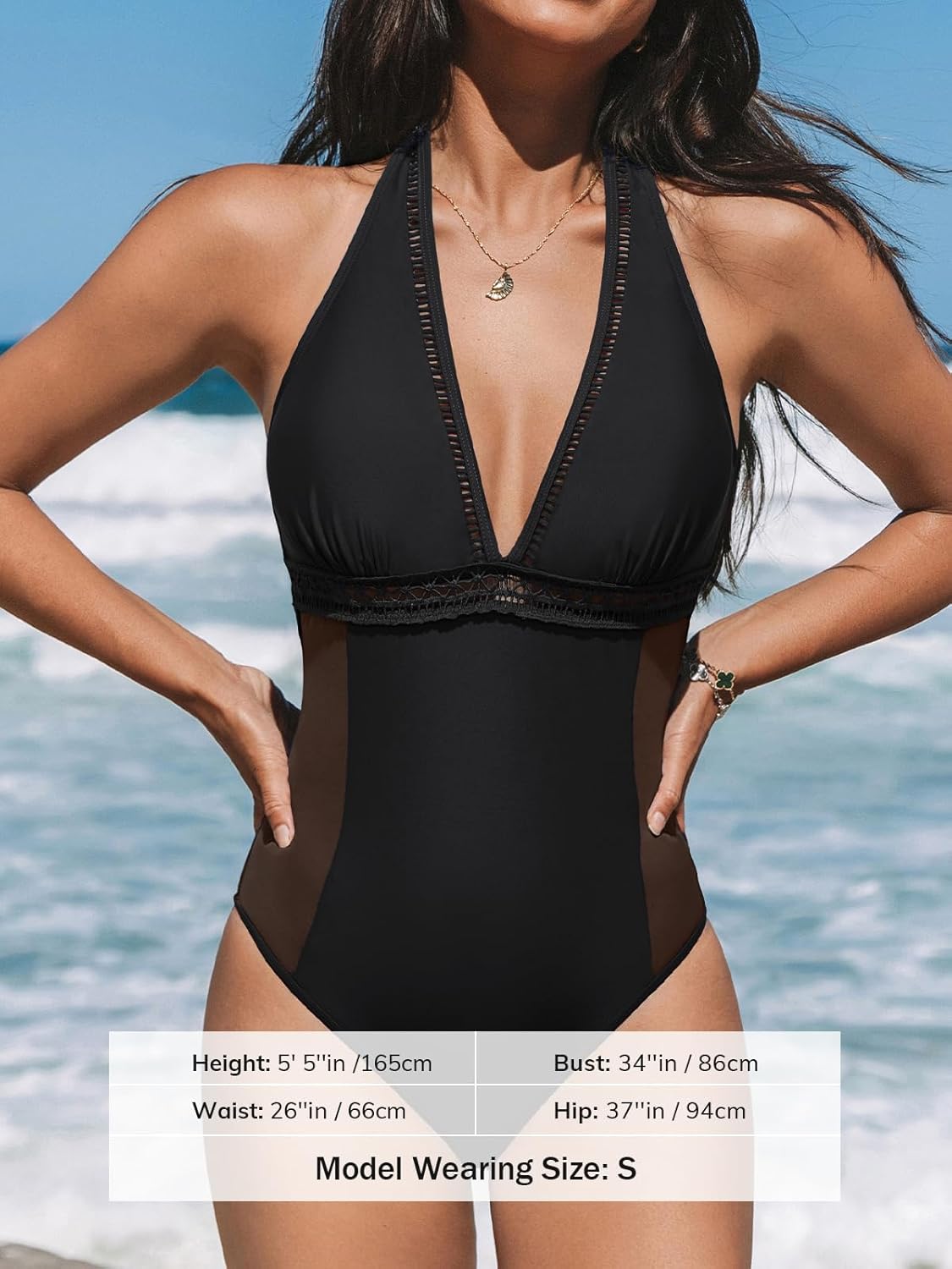 CUPSHE Women's One Piece Swimsuit V Neck Bathing Suit Mesh Halter Straps Adjustable Self Tie Swimwear Cutouts - Image 5
