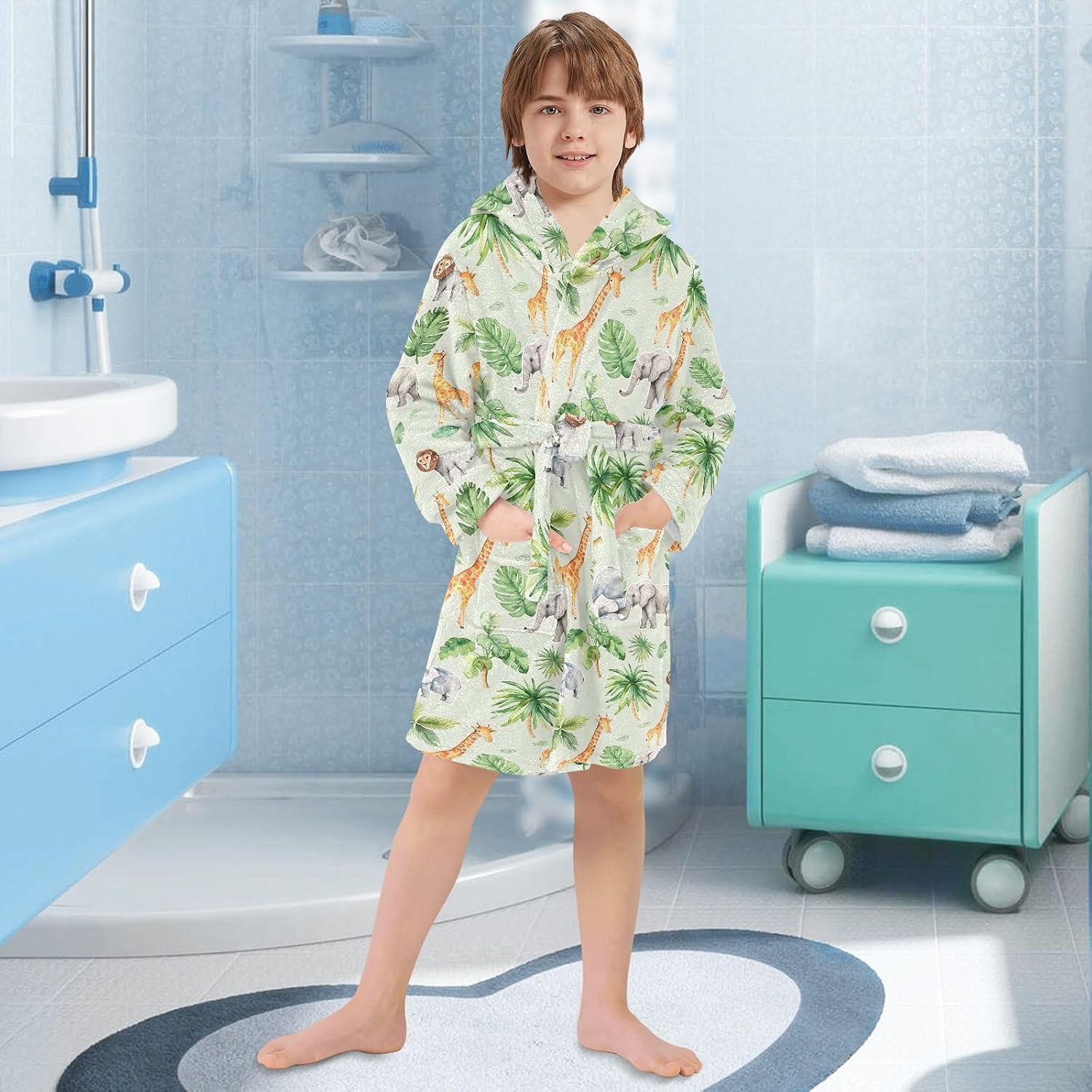 senya Cute African Animals A Toddler Hooded Bathrobe Kids Soft Plush Bath Towel Robes for Boys Girls 2-12 Years