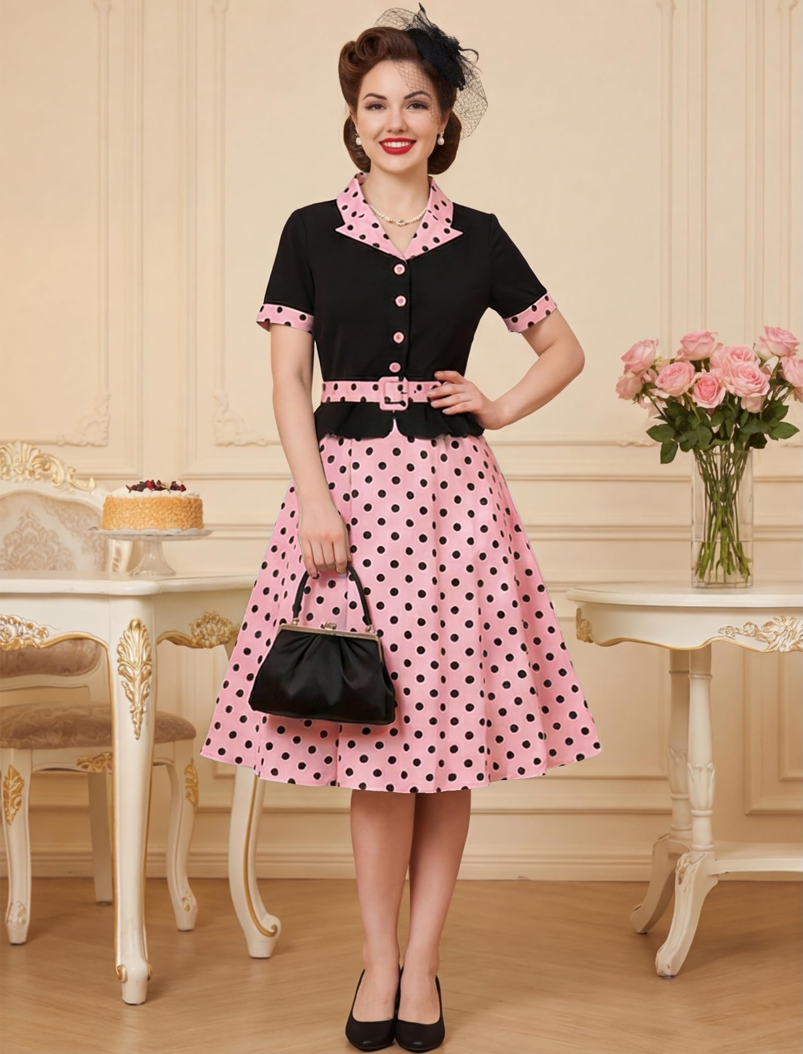 Robe rockabilly pour femme des années 1950 - Élégante robe de cocktail trapèze - Style vintage des années 50 - Robe de soirée midi à manches courtes - Pour fête, mariage
