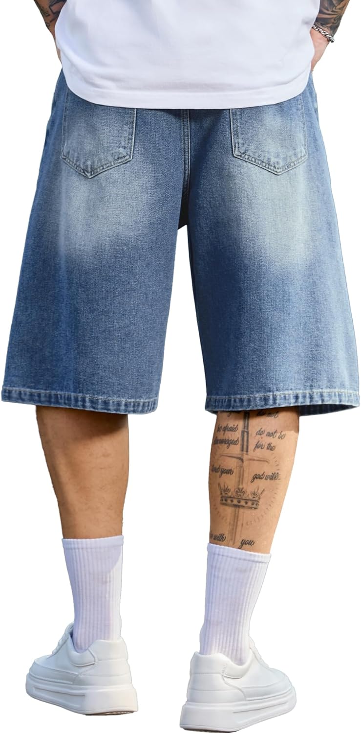 PLEPAN Mens Baggy Jean Shorts 12" Vintage Loose Fit Wide Leg Long Denim Shorts Y2K Streetwear Hip Hop Below Knee Jorts