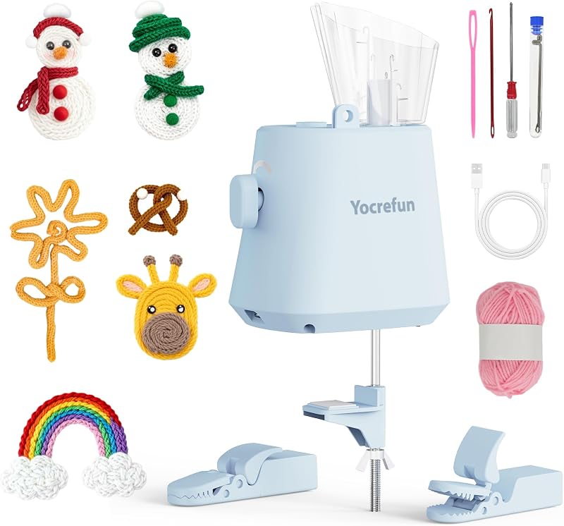 Yocrefun Máquina automática de tejer I-Cord, herramienta eléctrica para hacer iCord, máquina de ganchillo i-Cord Knitter, tejedora de hilo manos libres para proyectos rápidos de tejido de ganchillo (azul)