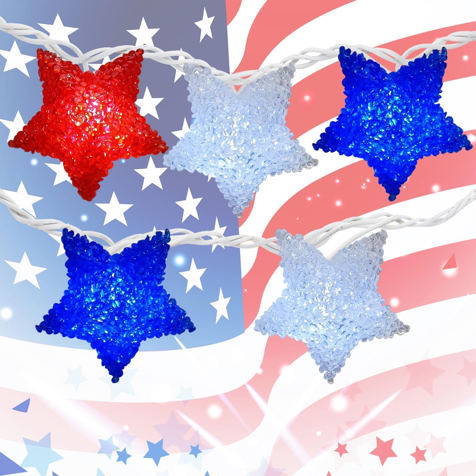 Couah Patriotic Star String Lights - 8.5Ft Red White Blue LED Outdoor Decor For 4th Of July, Memorial Day & Patriotic Celebrations