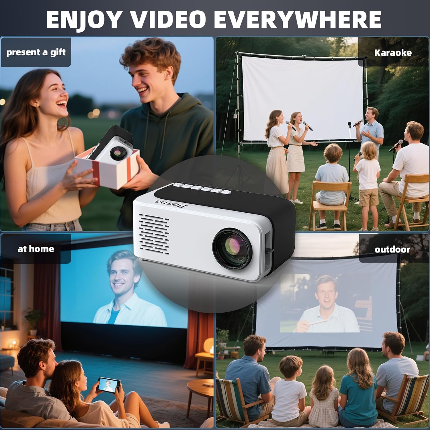 Mini Projector, HD 1080P WiFi Video Projector, Portable Outdoor Projector with Tripod, Gift for Kids, Home Theater Movie Phone Projector Compatible with USB, AV, Smartphone/Tablet/Laptop (black)