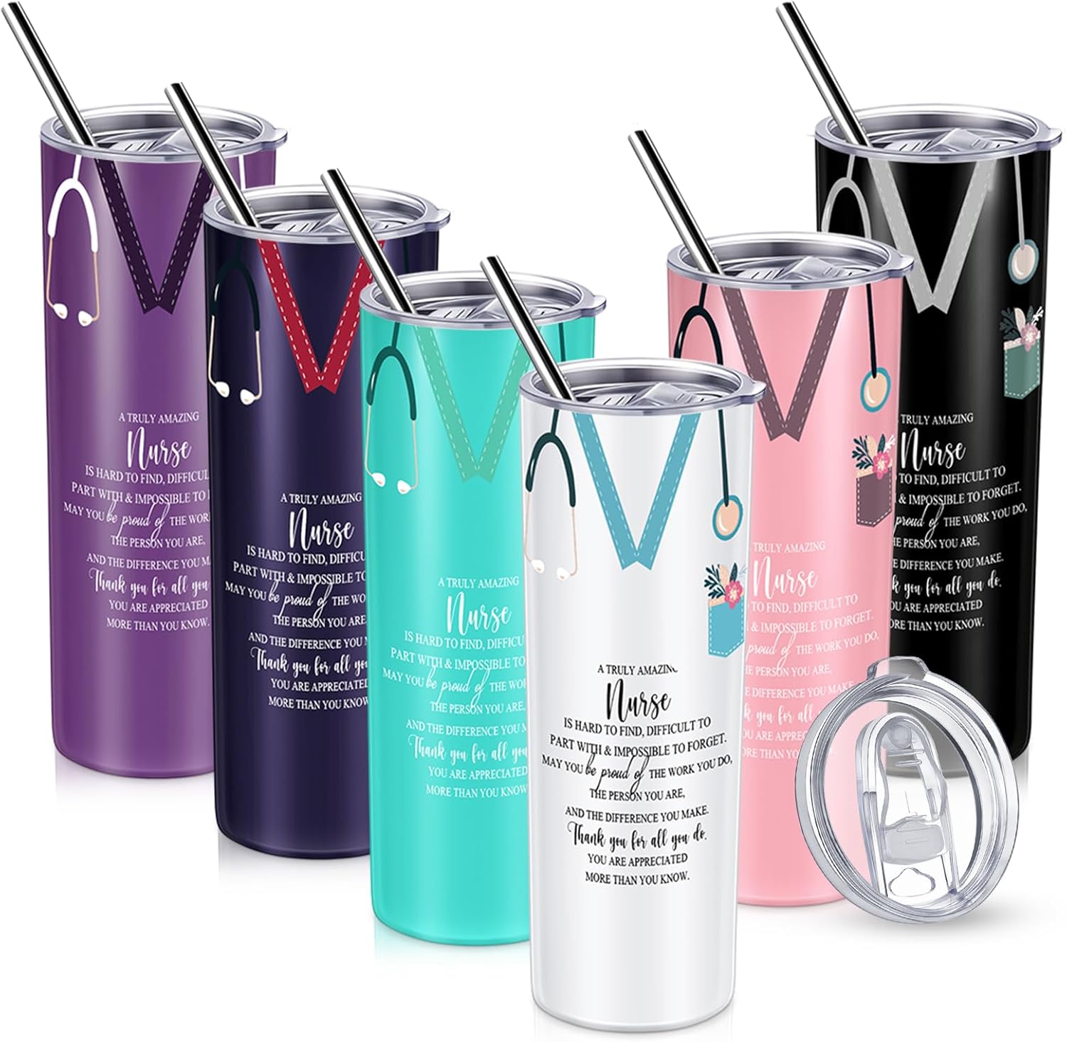 Sabary 6 Set Nurses Week Gifts Bulk 2026 Cup 20 oz Stainless Steel Tumbler with Lid and Straw Stethoscope Sign for Women Graduation Nursing Student (Classic,Rich Color)