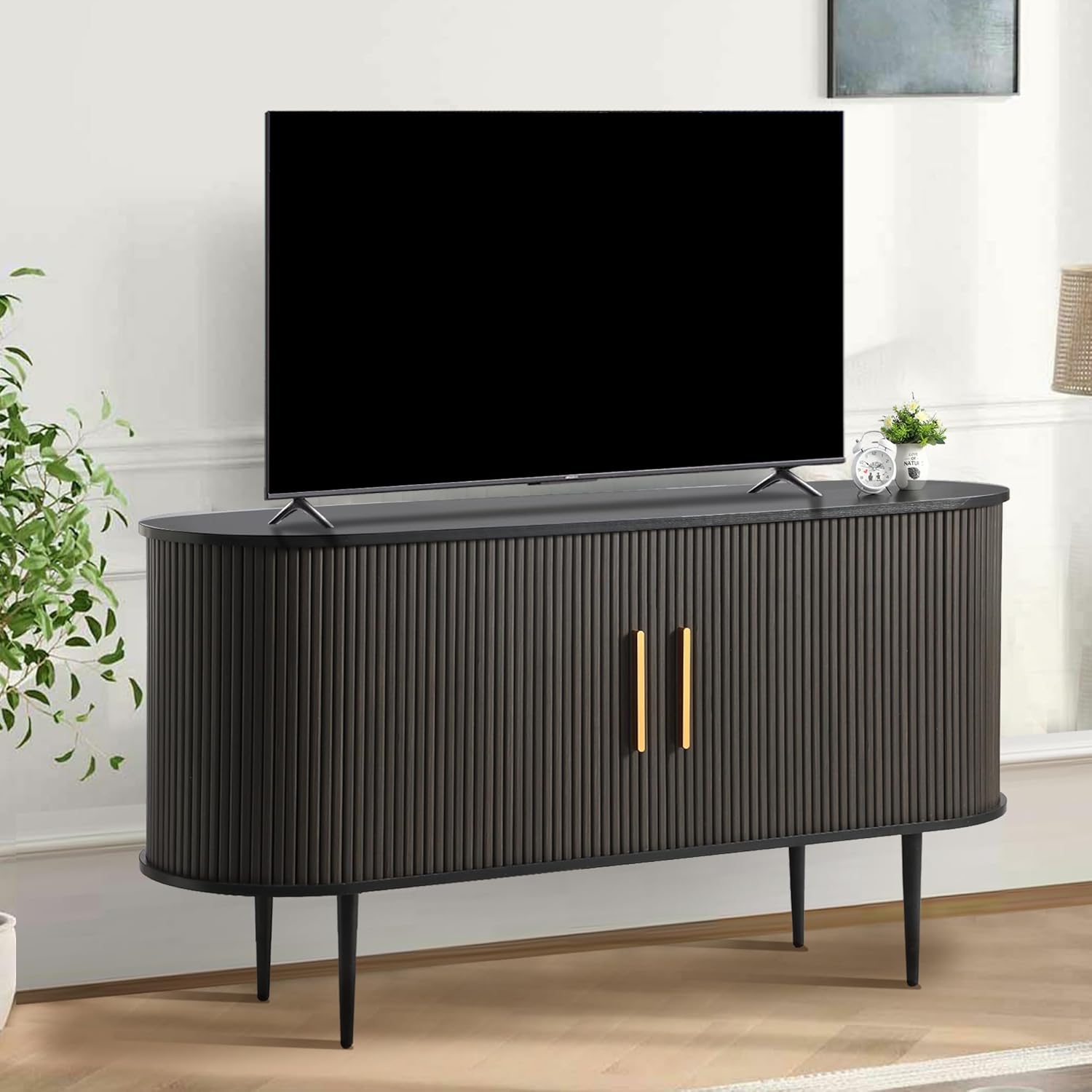 Grepatio 55" Sideboard Buffet Cabinet with Fluted Slide Doors, Tambour Storage Cabinet with Shelves, Modern Credenza Sideboard Buffet Console Cabinets for Living Room Hallway Entryway (Black)