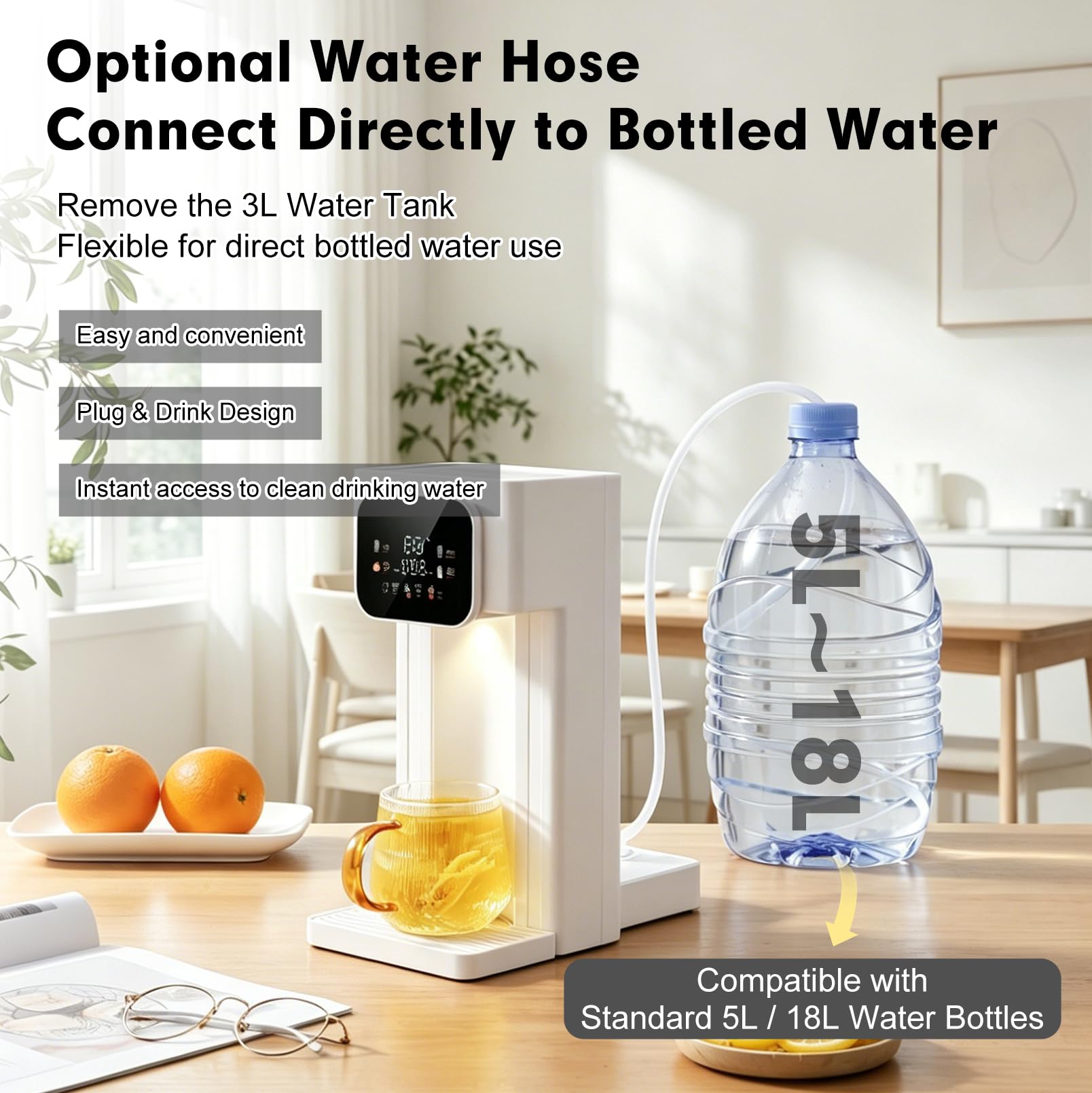 Dispensador de agua caliente, multifuncional de 3 L, 12 niveles de temperatura, 8 cantidades de agua, pantalla táctil digital, bloqueo para niños, depósito de agua extraíble, cartuchos de filtro y