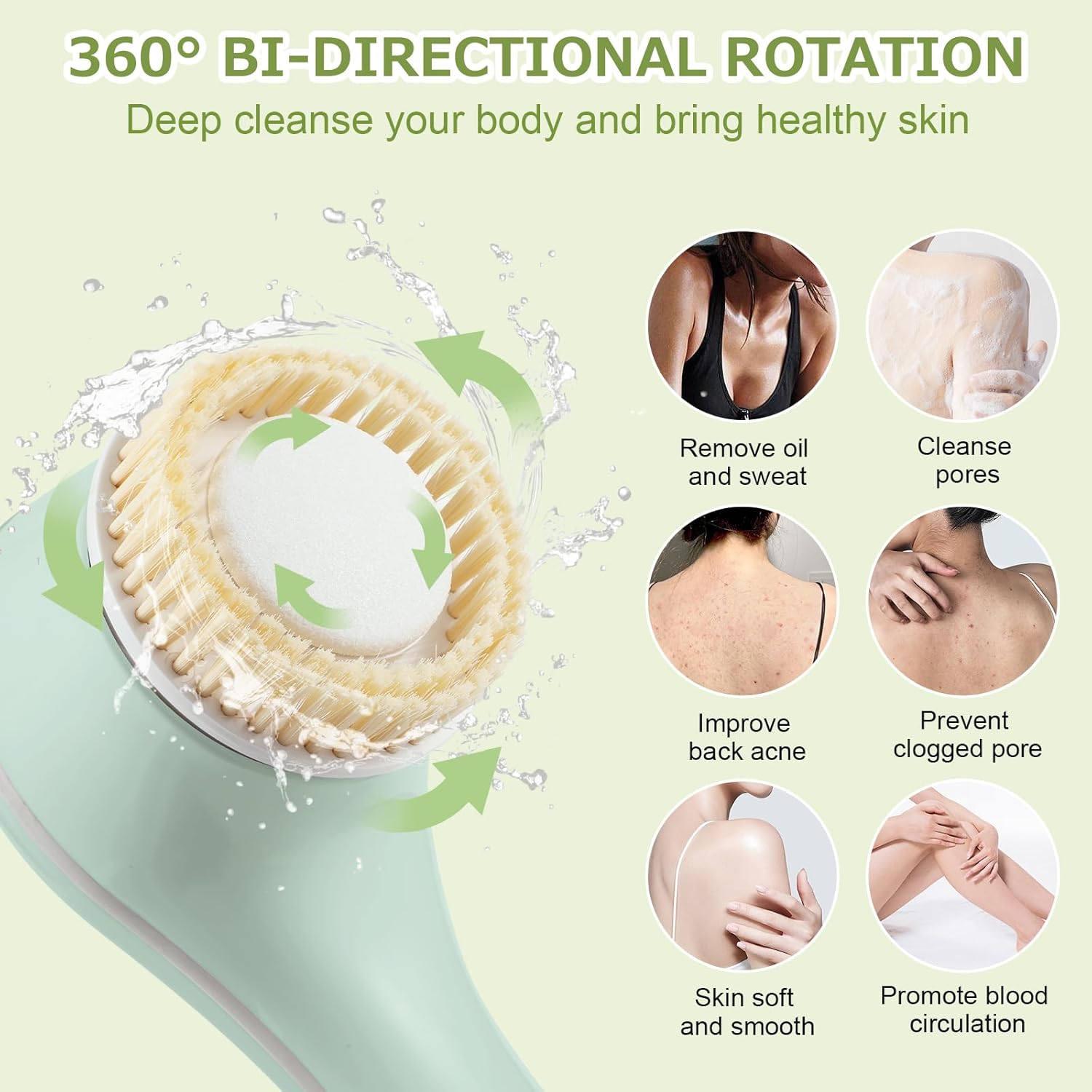 LINGSFIRE Electric Body Bath Brush, Rechargeable Back Scrubber for Shower, Long Handle Exfoliating Bath Brush for Shower, Lotion Applicator for Back, Silicone Body Scrubber with 6 Shower Brush Heads - Image 3