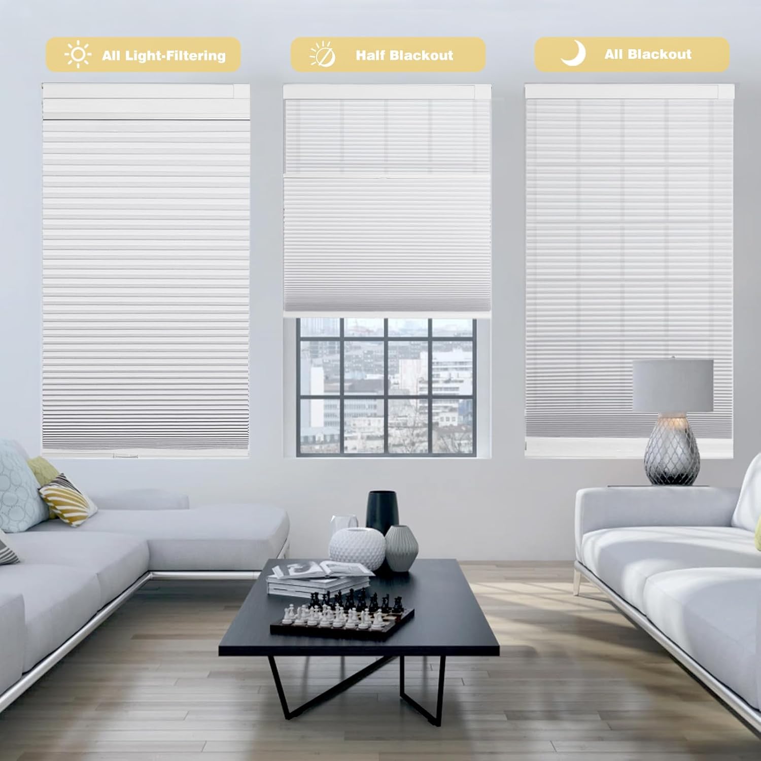 Changshade Cellular Shades Day and Night Blinds for Windows Custom Size, No Drill No Tools Cordless Blackout Light Filtering 2 in 1 Top Down Bottom Up Double Honeycomb Thermal Insulated, White