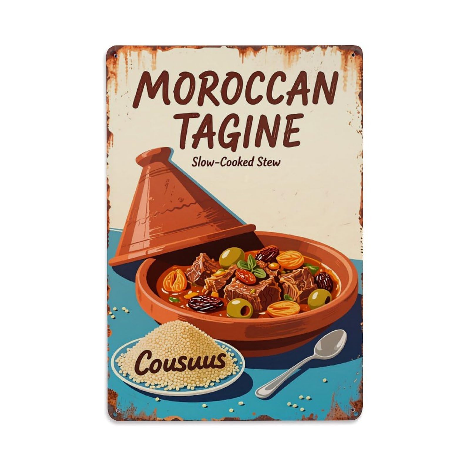 Moroccan Tagine Stew Couscous Dish Retro Metal Tin Sign, Vintage Decor Art Poster for Bar, Home, Man Cave, Kitchen, Laundry Room Gift 8x12Inch