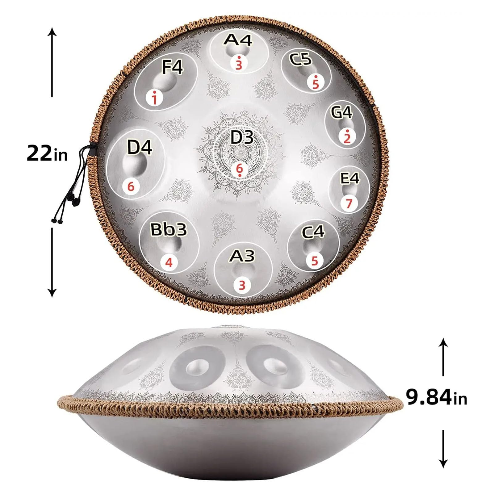 Handpan, Tambour de Handpan En Ré Mineur, Tambour de 9/10/12 Notes, Instrument de Tambour de Handpan pour Adultes, Tambour de Handpan Professionnel En Acier, Tambour de Langue En Acier de Méditation