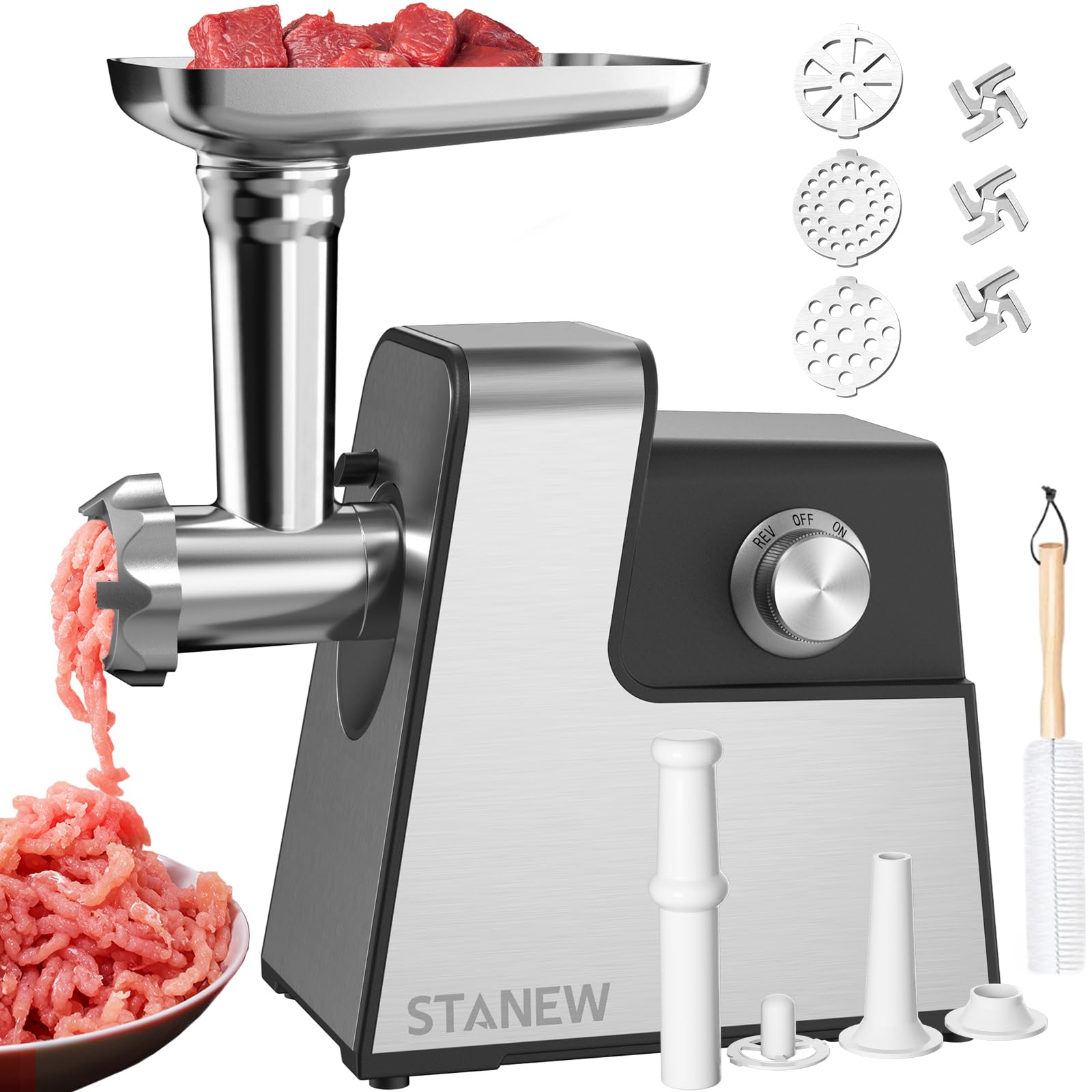 STANEW Picadora Electrica de Carne Crusher, 4 en 1 de Picadoras Eléctricas Carne con 3 placas de molienda de acero inoxidable y 3 cuchilla chopper 3500W Max salchichas Motor de cobre
