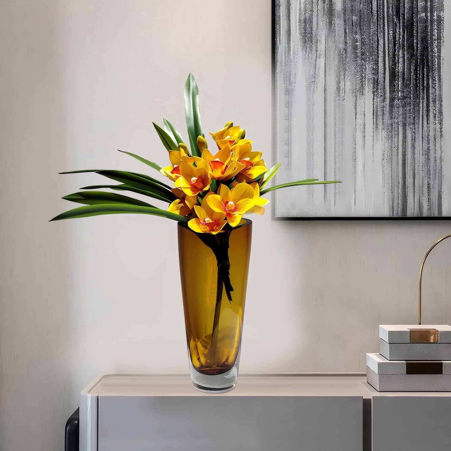 6pcs Artificial Cymbidium Leaves 17" Fake Real Touch Clivia Faux Orchid Leaves Green Plants for Vase Bouquets Home Office Wedding Decor.