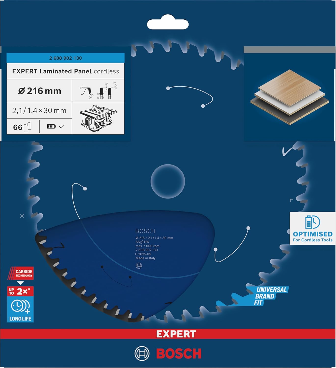 Bosch 1 x Expert Laminated Panel Cordless Circular Saw Blade for Table Saws (for Plastic-Coated Plates, Diameter mm, Professional Accessories Cordless Table Saw)
