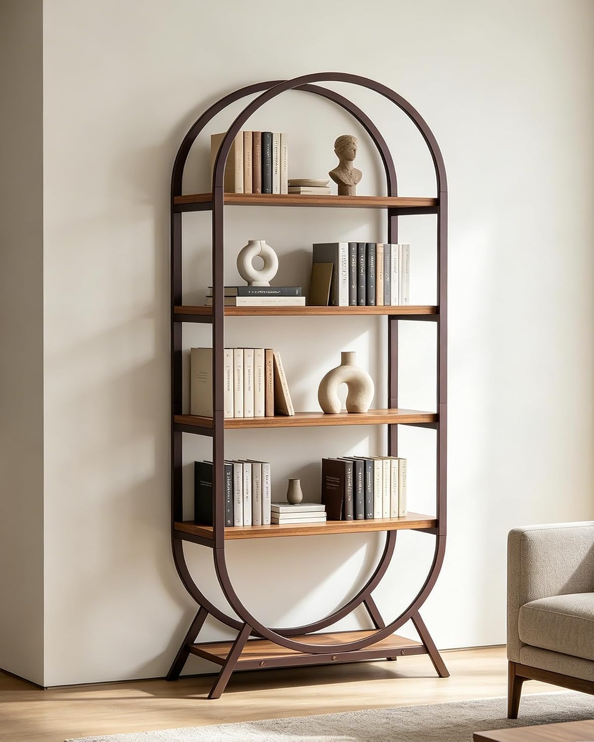 Bookshelf Arched Bookcase, 5 Tier Open Freestanding Display Shelf for Home Office, Living Room, Walnut