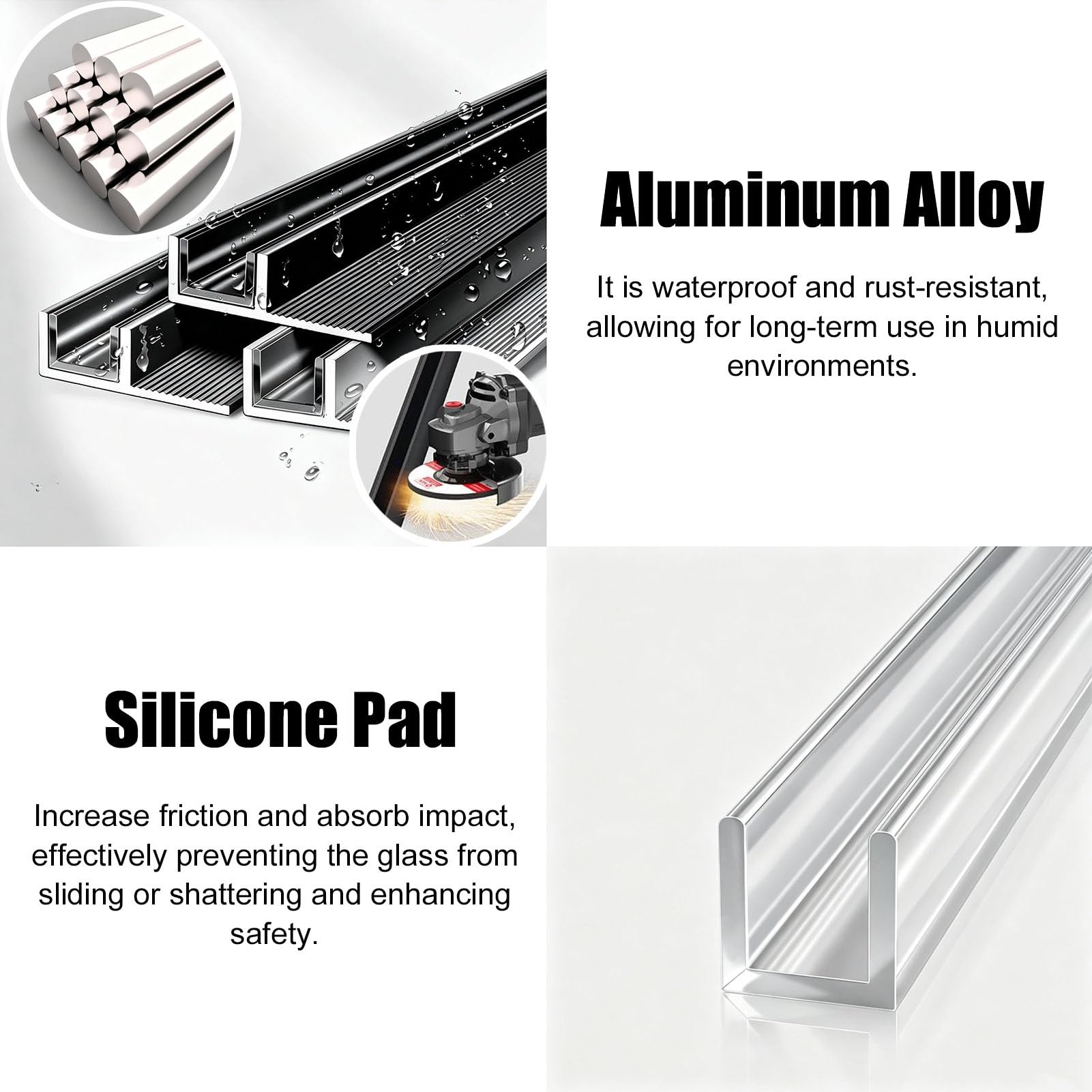 Perfil Aluminio Carril de Vidrio En Forma de U Con Tira de Sellado | Canaleta para Puerta de Baño Resistente a La Corrosión, Canaleta En U Profunda para Ducha de Vidrio Mate, Montaje En Pared