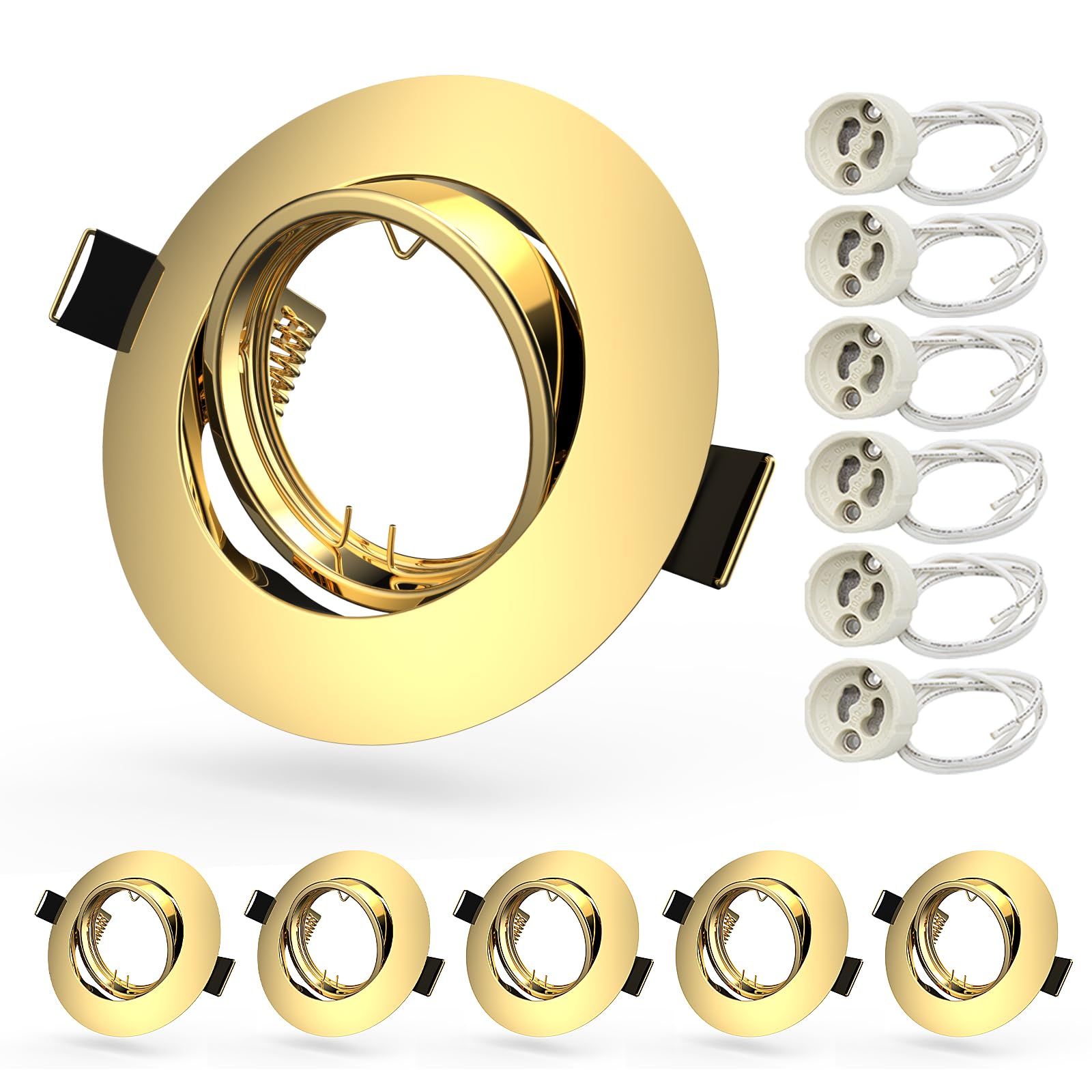Allesgute 6X GU10 Downlights for Ceiling Round Gold Finish Metal Frame for Recessed Ceiling Lights 360° Tilt Swivel GU10 Fittings with Lamp Holder, Outer Diameter: 90mm, Cutout Ø68-85mm, No Bulbs