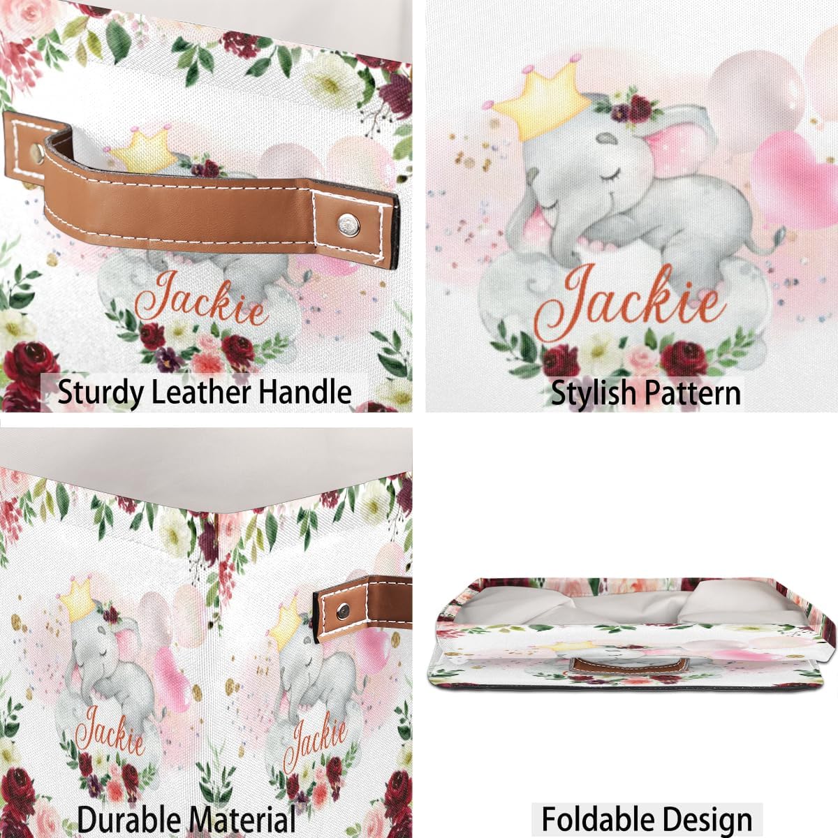 Custom Storage Baskets Personalized Storage Bins Basket Boxes with PU Leather Handles for Clothes Bedroom Closet Organizing Toys Books Shelves Storage Boxes-Girl Elephant With Pink Flowers