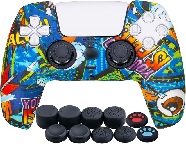 YoRHa Water Transfer Printing Silicone Thickened Cover Skin Case for PS5 Dualsense Controller x 1(Blue Graffiti) with Thumb Grips x 10