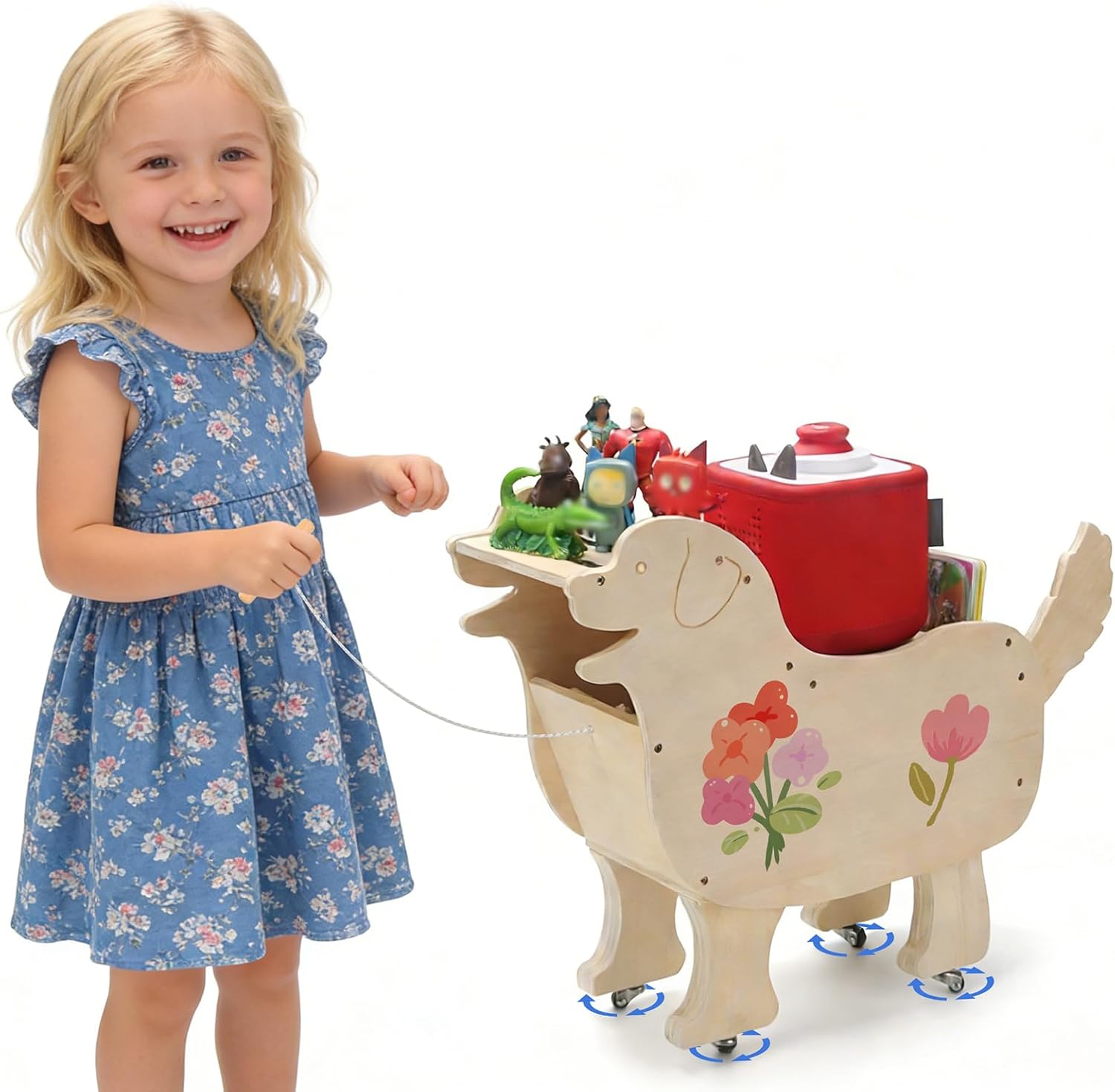 Rolling Dog Storage Shelf for Tonie Box, Wooden Organizer for 50+ Tonies Figures, Player & Accessories | Pull-Along Toy with Magnetic Display Holder, Compatible with Toniebox Gen 1 & 2